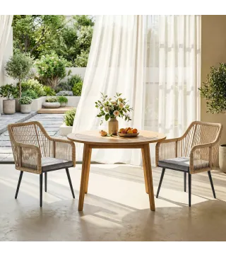 Set de 2 Sillas de Jardín Exterior de Ratán con Cojines Reposabrazos y Marco de Acero para Terraza 54x65x80 cm Gris