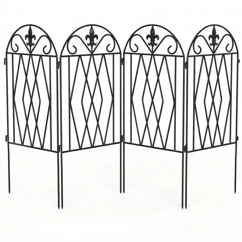 Set de 4 Vallas de Jardín Metálicas 125x56 cm con Diseño Arqueado Resistente Fácil de Instalar para Patio Césped Negro