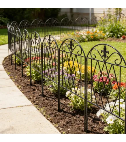Set de 4 Vallas de Jardín Metálicas 125x56 cm con Diseño Arqueado Resistente Fácil de Instalar para Patio Césped Negro