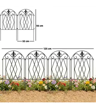 Set de 4 Vallas de Jardín Metálicas 125x56 cm con Diseño Arqueado Resistente Fácil de Instalar para Patio Césped Negro