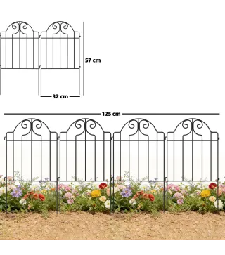Set de 4 Vallas de Jardín Metálicas 125x57 cm con Diseño Arqueado Resistente Fácil de Instalar para Patio Césped Negro