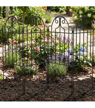 Set de 4 Vallas de Jardín Metálicas 125x57 cm con Diseño Arqueado Resistente Fácil de Instalar para Patio Césped Negro