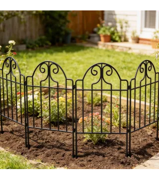 Set de 4 Vallas de Jardín Metálicas 125x57 cm con Diseño Arqueado Resistente Fácil de Instalar para Patio Césped Negro