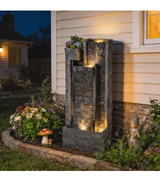 Fuente de Jardín con Luces LED Maceta y Bomba Fuente Decorativa en Cascada de 5 Niveles 38x19x101 cm Gris Oscuro