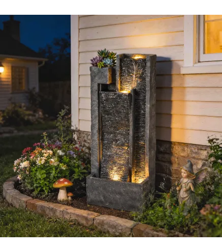 Fuente de Jardín con Luces LED Maceta y Bomba Fuente Decorativa en Cascada de 5 Niveles 38x19x101 cm Gris Oscuro