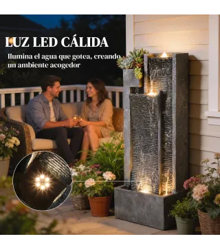 Fuente de Jardín con Luces LED Maceta y Bomba Fuente Decorativa en Cascada de 5 Niveles 38x19x101 cm Gris Oscuro
