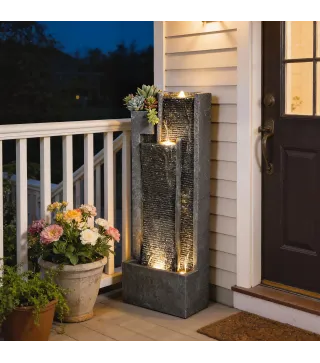 Fuente de Jardín con Luces LED Maceta y Bomba Fuente Decorativa en Cascada de 5 Niveles 38x19x101 cm Gris Oscuro