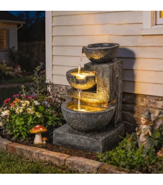 Fuente de Jardín con Iluminación LED y Bomba Fuente Decorativa en Cascada de 3 Niveles 40x37x61 cm Multicolor