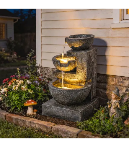 Fuente de Jardín con Iluminación LED y Bomba Fuente Decorativa en Cascada de 3 Niveles 40x37x61 cm Multicolor