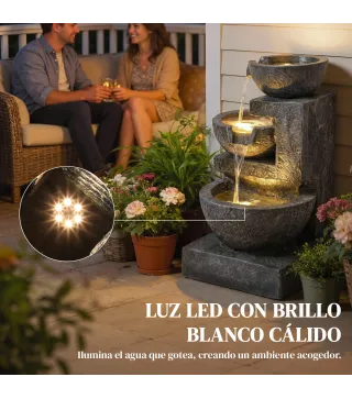 Fuente de Jardín con Iluminación LED y Bomba Fuente Decorativa en Cascada de 3 Niveles 40x37x61 cm Multicolor