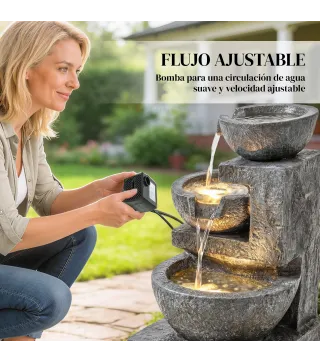 Fuente de Jardín con Iluminación LED y Bomba Fuente Decorativa en Cascada de 3 Niveles 40x37x61 cm Multicolor