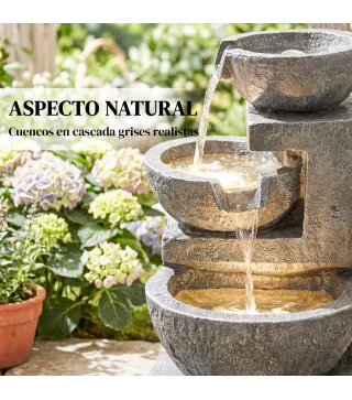 Fuente de Jardín con Iluminación LED y Bomba Fuente Decorativa en Cascada de 3 Niveles 40x37x61 cm Multicolor