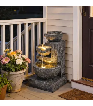 Fuente de Jardín con Iluminación LED y Bomba Fuente Decorativa en Cascada de 3 Niveles 40x37x61 cm Multicolor