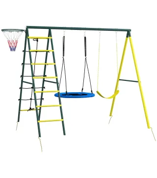 Columpio Infantil 4 en 1 con Columpio Nido e Individual Red para Escalar Canasta de Baloncesto Escalera Amarillo
