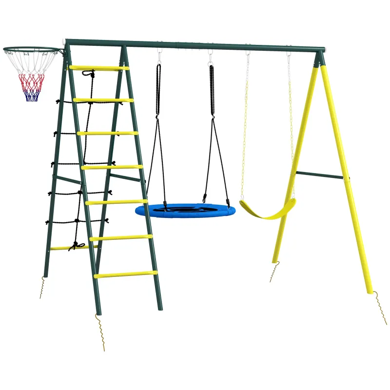 Columpio Infantil 4 en 1 con Columpio Nido e Individual Red para Escalar Canasta de Baloncesto Escalera Amarillo