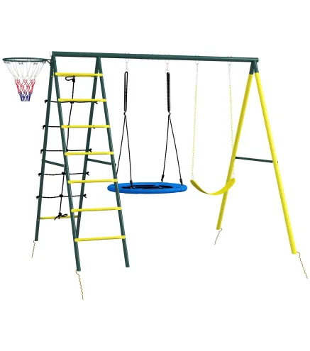 Columpio Infantil 4 en 1 con Columpio Nido e Individual Red para Escalar Canasta de Baloncesto Escalera Amarillo