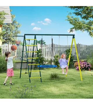 Columpio Infantil 4 en 1 con Columpio Nido e Individual Red para Escalar Canasta de Baloncesto Escalera Amarillo