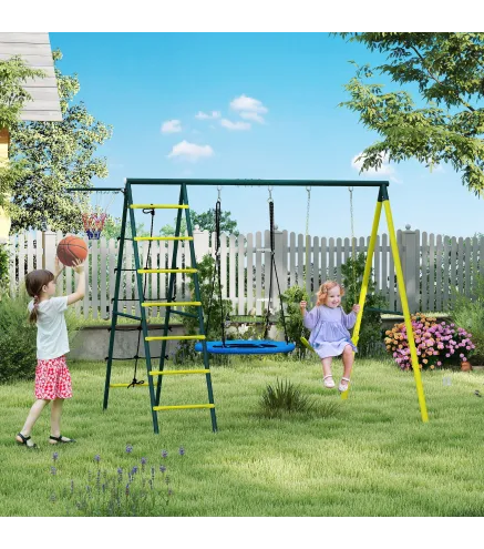 Columpio Infantil 4 en 1 con Columpio Nido e Individual Red para Escalar Canasta de Baloncesto Escalera Amarillo