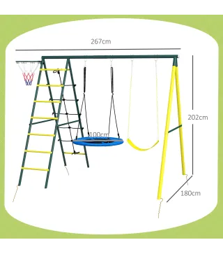 Columpio Infantil 4 en 1 con Columpio Nido e Individual Red para Escalar Canasta de Baloncesto Escalera Amarillo