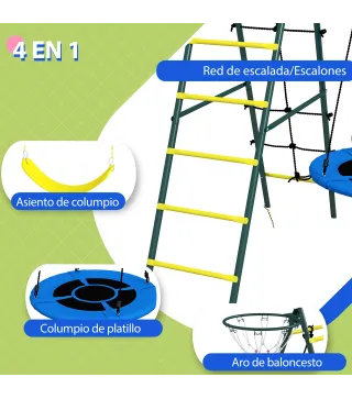 Columpio Infantil 4 en 1 con Columpio Nido e Individual Red para Escalar Canasta de Baloncesto Escalera Amarillo