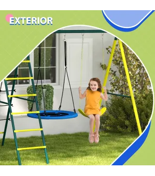 Columpio Infantil 4 en 1 con Columpio Nido e Individual Red para Escalar Canasta de Baloncesto Escalera Amarillo