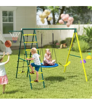 Columpio Infantil 4 en 1 con Columpio Nido e Individual Red para Escalar Canasta de Baloncesto Escalera Amarillo