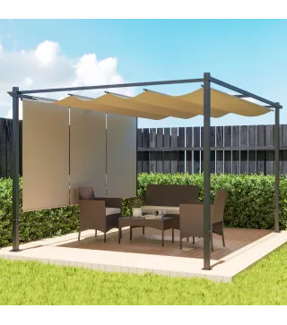 Pérgola de Jardín 4x3 m con Techo Retráctil 3 Laterales Enrollables UPF30+ Cenador de Jardín para Patio Exterior Beige