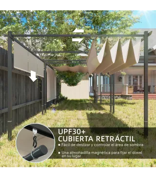 Pérgola de Jardín 4x3 m con Techo Retráctil 3 Laterales Enrollables UPF30+ Cenador de Jardín para Patio Exterior Beige