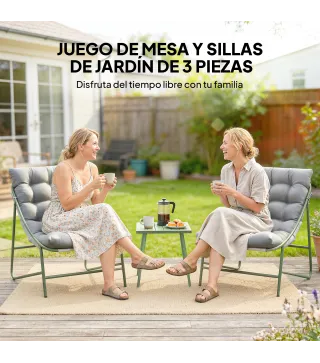 Conjunto de Jardín de 3 Piezas con 2 Sillas Lounge Mesa de Café y Cojines para Exterior Patio Balcón Gris Claro