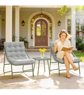 Conjunto de Jardín de 3 Piezas con 2 Sillas Lounge Mesa de Café y Cojines para Exterior Patio Balcón Gris Claro