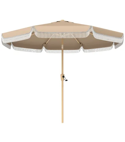 Sombrilla de Jardín Ø266x238 cm con Ángulo Ajustable Manivela y Toldo con Flecos Decorativos para Patio Terraza Caqui
