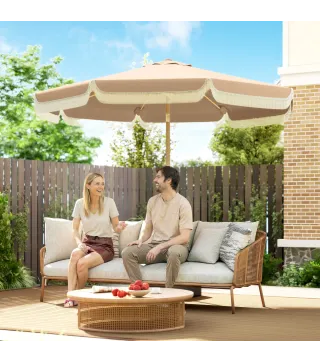 Sombrilla de Jardín Ø266x238 cm con Ángulo Ajustable Manivela y Toldo con Flecos Decorativos para Patio Terraza Caqui