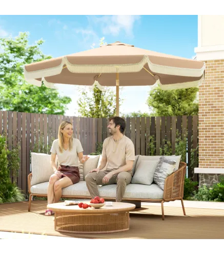 Sombrilla de Jardín Ø266x238 cm con Ángulo Ajustable Manivela y Toldo con Flecos Decorativos para Patio Terraza Caqui