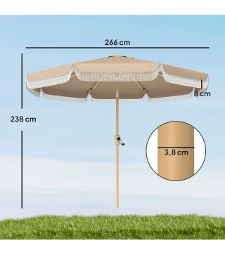 Sombrilla de Jardín Ø266x238 cm con Ángulo Ajustable Manivela y Toldo con Flecos Decorativos para Patio Terraza Caqui