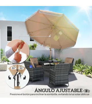 Sombrilla de Jardín Ø266x238 cm con Ángulo Ajustable Manivela y Toldo con Flecos Decorativos para Patio Terraza Caqui