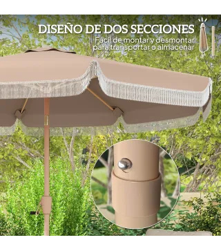 Sombrilla de Jardín Ø266x238 cm con Ángulo Ajustable Manivela y Toldo con Flecos Decorativos para Patio Terraza Caqui