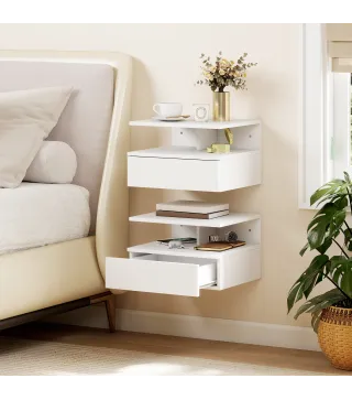 Juego de 2 Mesitas de Noche Flotantes con Cajón Montado en la Pared 35x32x22,5 cm Blanco