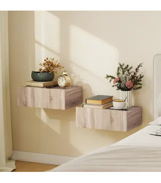 Set de 2 Mesillas de Noche de Pared Mesitas de Noche Flotantes con 1 Cajón para Dormitorio 40x30x15 cm Roble