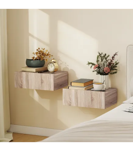 Set de 2 Mesillas de Noche de Pared Mesitas de Noche Flotantes con 1 Cajón para Dormitorio 40x30x15 cm Roble