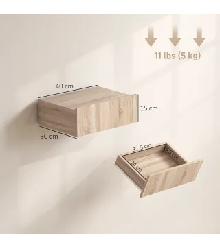 Set de 2 Mesillas de Noche de Pared Mesitas de Noche Flotantes con 1 Cajón para Dormitorio 40x30x15 cm Roble