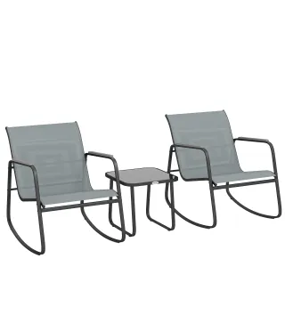 Conjunto de Jardín de 3 Piezas con 2 Sillas Mecedoras Mesa con Encimera de Vidrio y Estructura de Acero para Patio Gris
