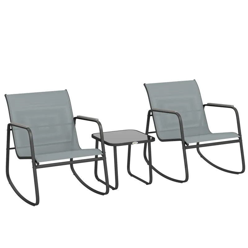 Conjunto de Jardín de 3 Piezas con 2 Sillas Mecedoras Mesa con Encimera de Vidrio y Estructura de Acero para Patio Gris Conjunto de Jardín de 3 Piezas con 2 Sillas Mecedoras Mesa con Encimera de Vidrio y Estructura de Acero para Patio Gris