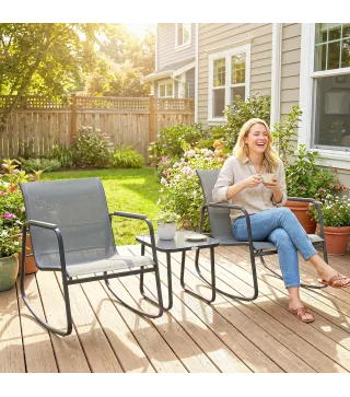 Conjunto de Jardín de 3 Piezas con 2 Sillas Mecedoras Mesa con Encimera de Vidrio y Estructura de Acero para Patio Gris