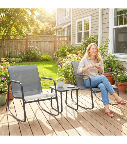 Conjunto de Jardín de 3 Piezas con 2 Sillas Mecedoras Mesa con Encimera de Vidrio y Estructura de Acero para Patio Gris