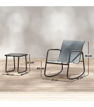 Conjunto de Jardín de 3 Piezas con 2 Sillas Mecedoras Mesa con Encimera de Vidrio y Estructura de Acero para Patio Gris