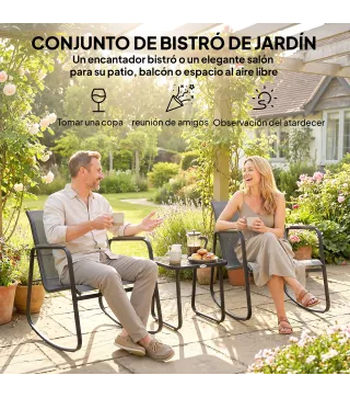 Conjunto de Jardín de 3 Piezas con 2 Sillas Mecedoras Mesa con Encimera de Vidrio y Estructura de Acero para Patio Gris