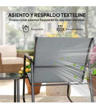 Conjunto de Jardín de 3 Piezas con 2 Sillas Mecedoras Mesa con Encimera de Vidrio y Estructura de Acero para Patio Gris