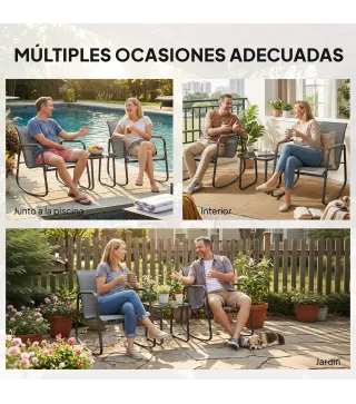 Conjunto de Jardín de 3 Piezas con 2 Sillas Mecedoras Mesa con Encimera de Vidrio y Estructura de Acero para Patio Gris