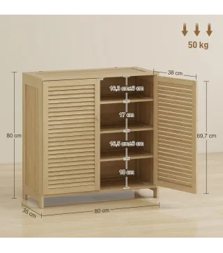 Armario para Zapatos de Bambú con Puertas de Persiana Capacidad para 14 Pares Estantes Ajustables Natural