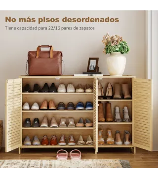 Armario para Zapatos de Bambú con Puertas de Persiana Capacidad para 14 Pares Estantes Ajustables Natural